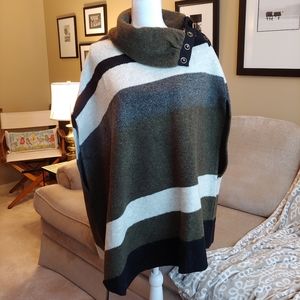 Anthropologie Tabitha Black/Cream/Moss Green Wool Blend Poncho Size L